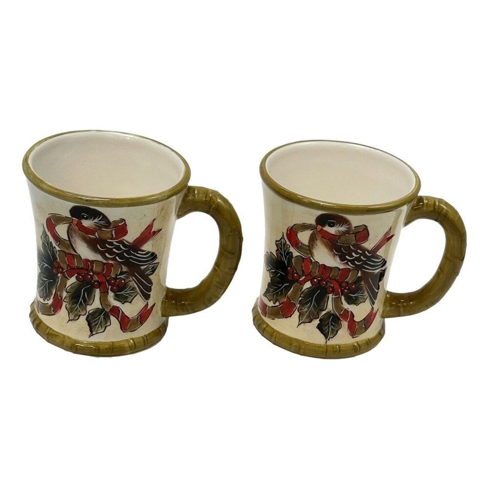 Samaco Mugs Lot 2 Sparrow Birds Holly Avocado 70s Ceramic UPC Labels‎ On
